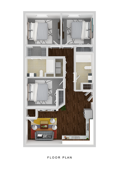 Floor plan for 3 beds, 2 baths, 1068 sqft